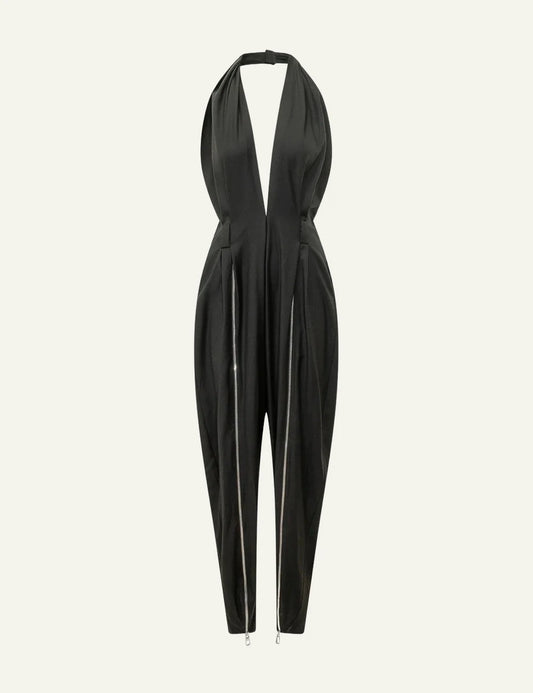 Coperni halter jumpsuit black deep plunge draped front flat view