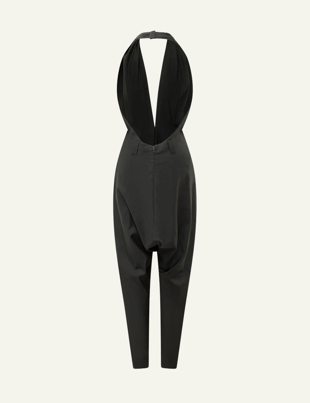 Coperni halter jumpsuit black deep plunge draped back view