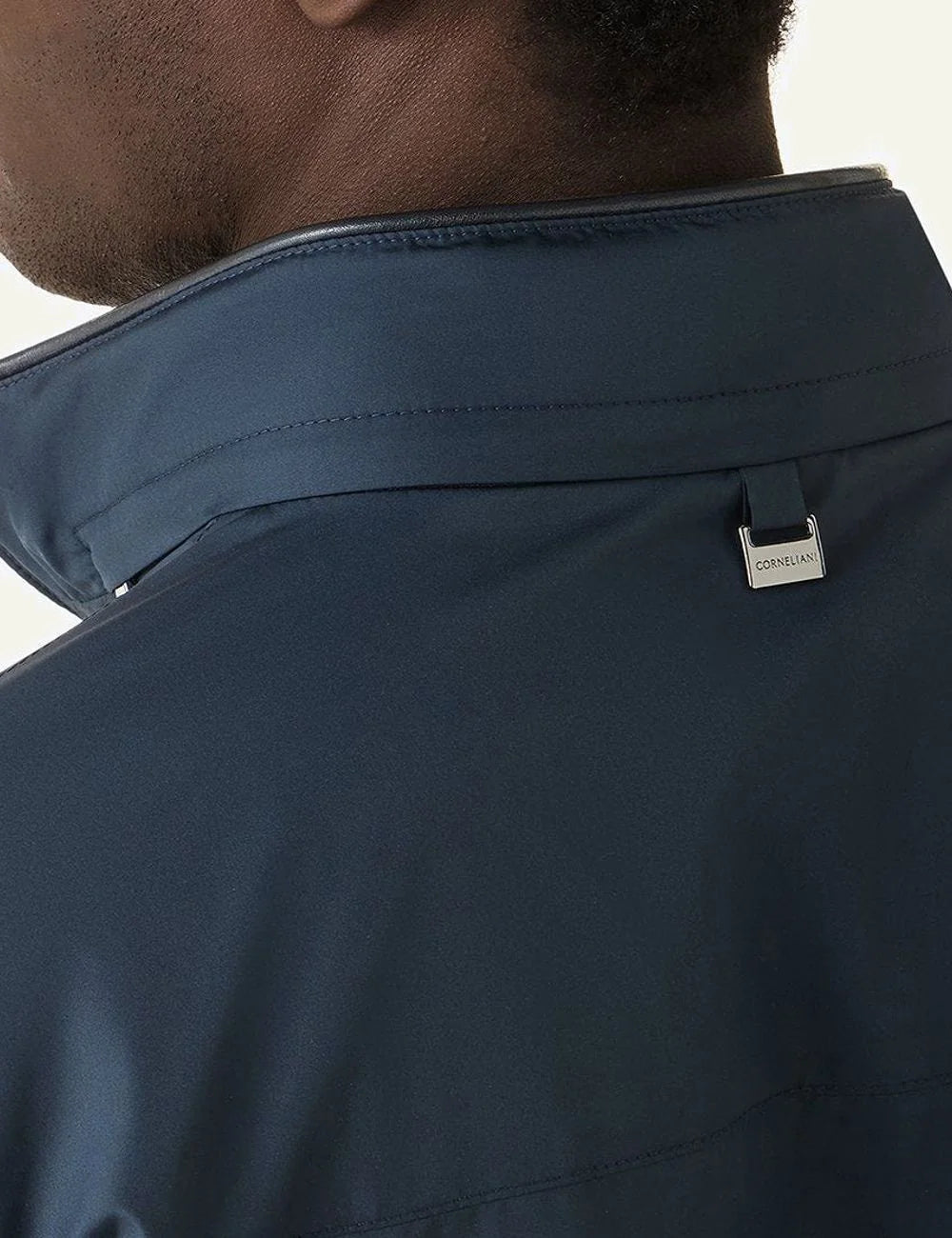 Corneliani blue ultra light technical fabric jacket reversible zip back logo view