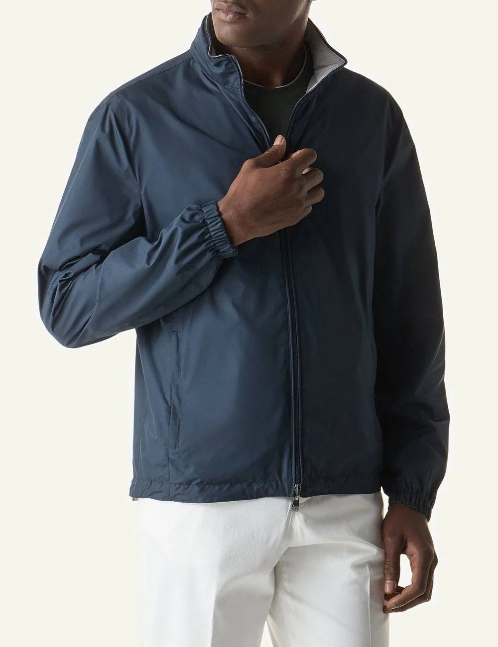 Corneliani blue ultra light technical fabric jacket reversible zip front model view