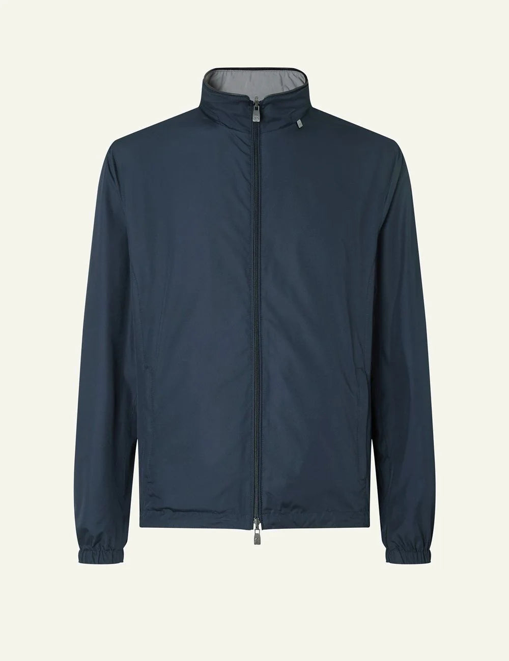 Corneliani blue ultra light technical fabric jacket reversible zip front flat view