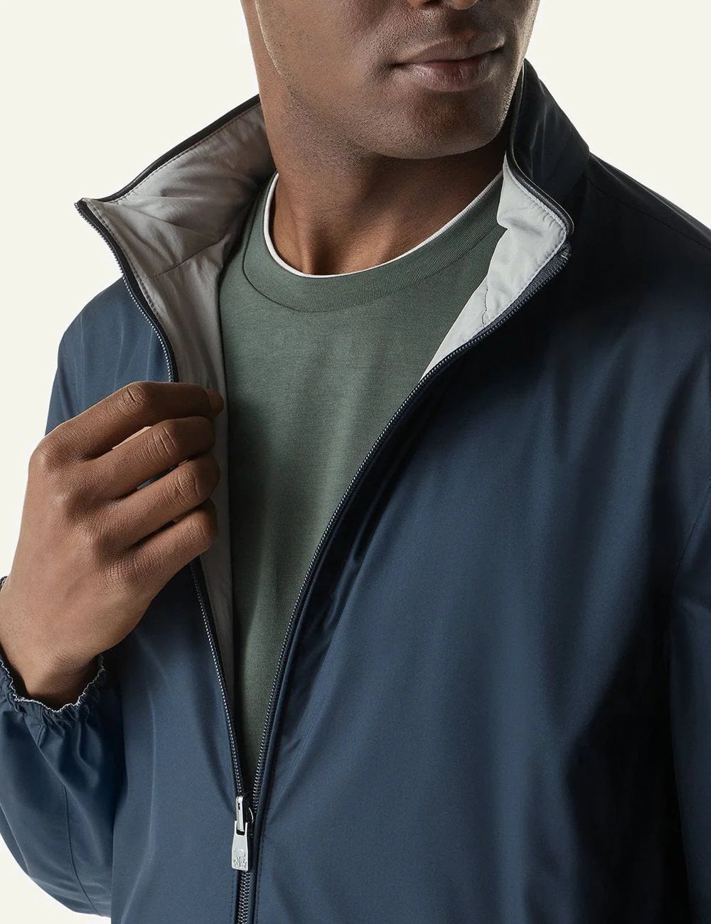 Corneliani blue ultra light technical fabric jacket reversible zip front detail view