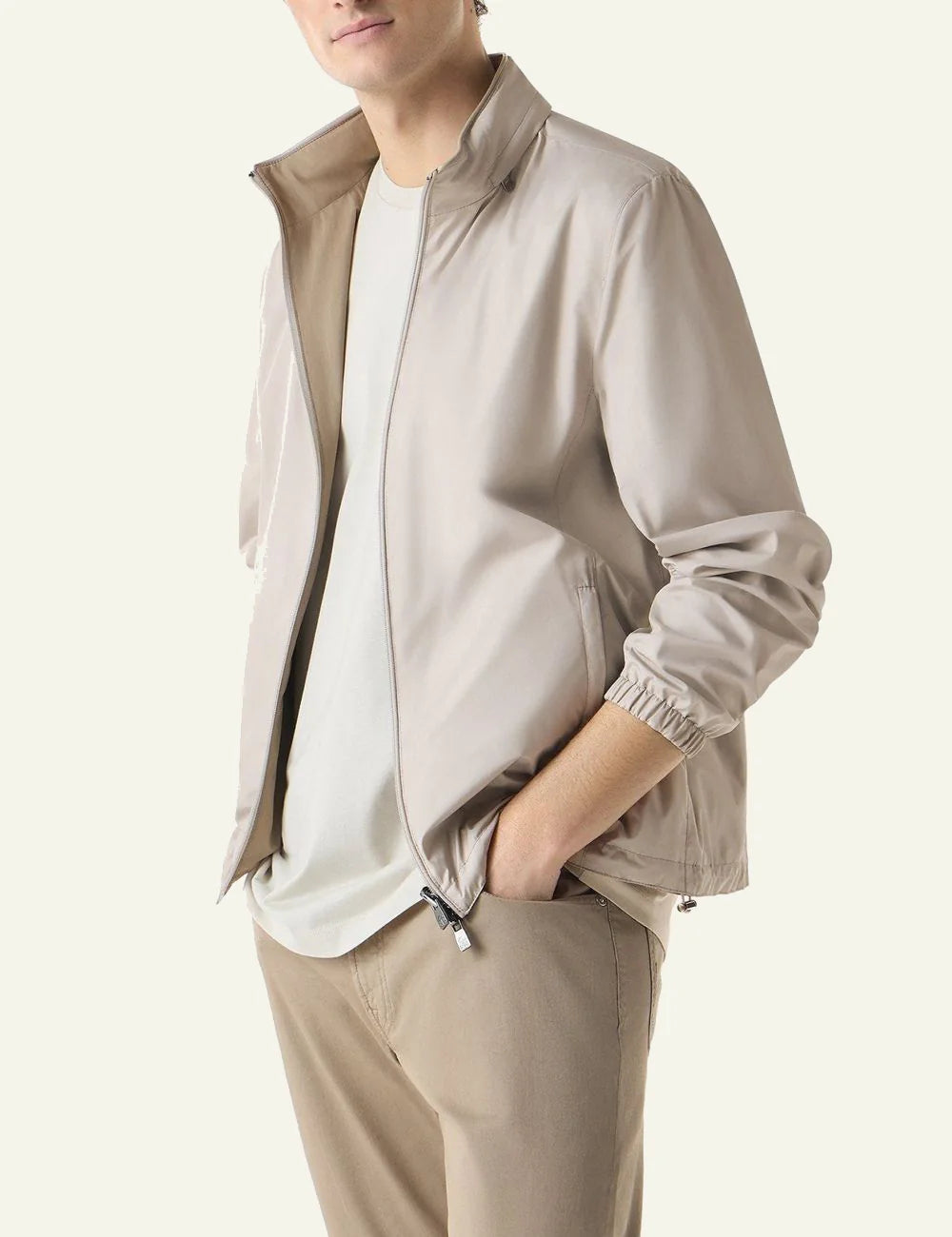 Corneliani grey ultra light technical jacket front view with zip closure front model view