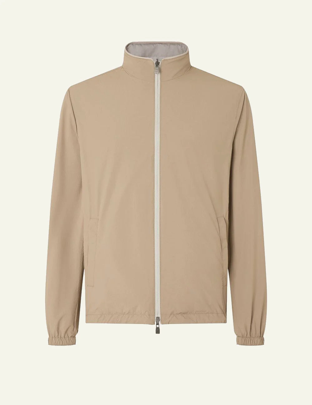 Corneliani beige ultra light technical jacket front view with zip closure front flat view