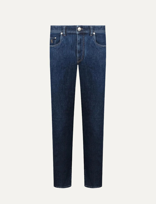 Corneliani men's blue denim jeans with subtle faded wash, straight legs, contrast stitching and five-pocket design.