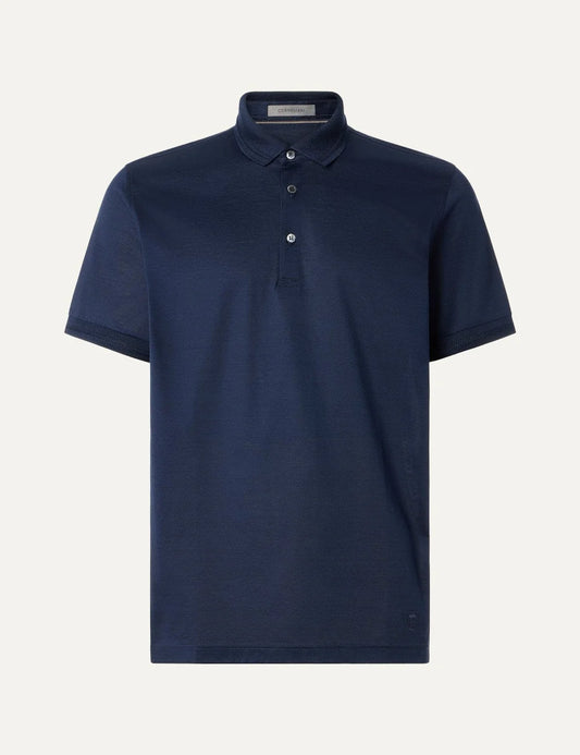 Corneliani men's navy blue cotton polo shirt with short sleeves, three-button collar and subtle side logo.
