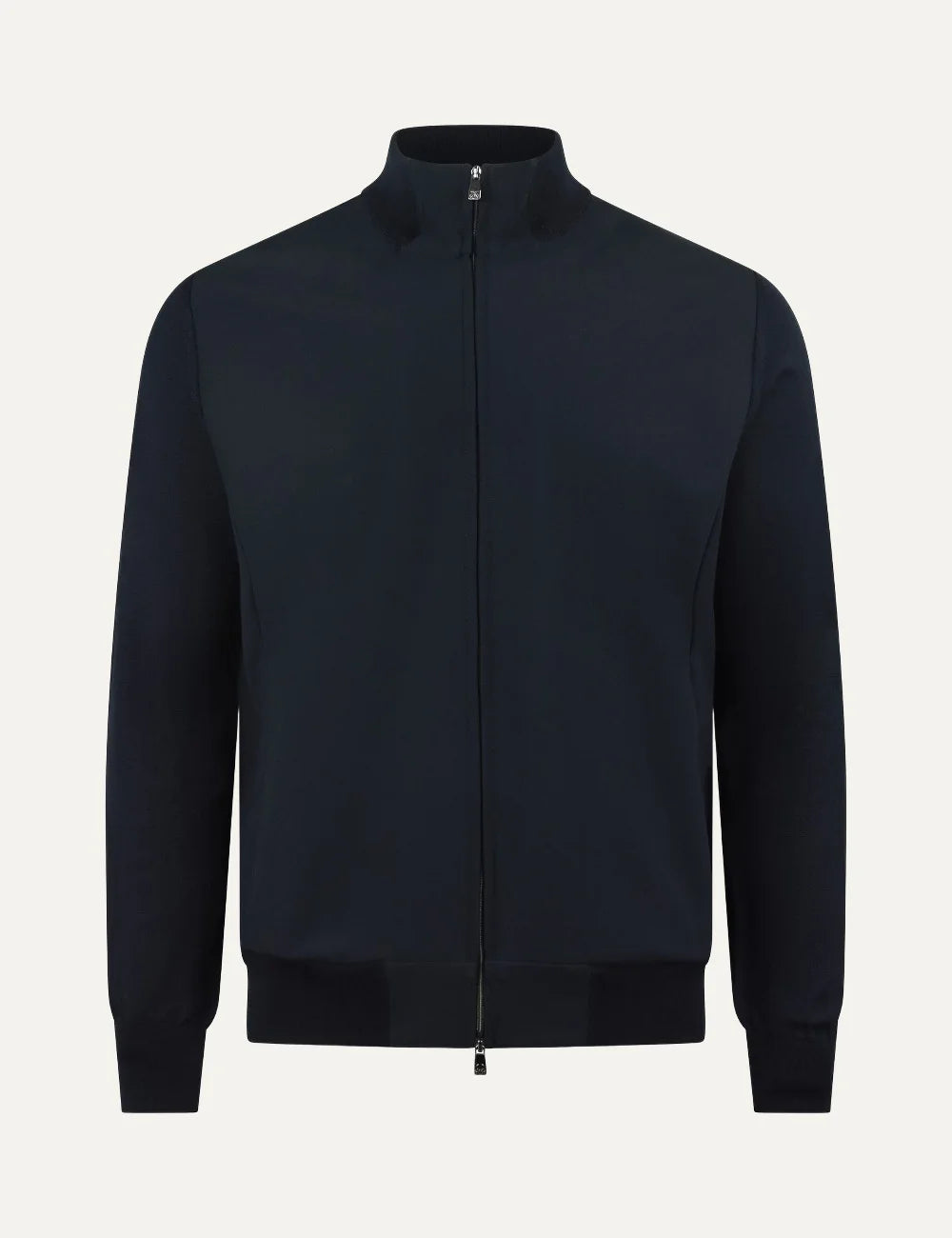 Corneliani men's navy blue slim fit hybrid jacket with quilted front, knitted sleeves, stand collar and zip fastening.