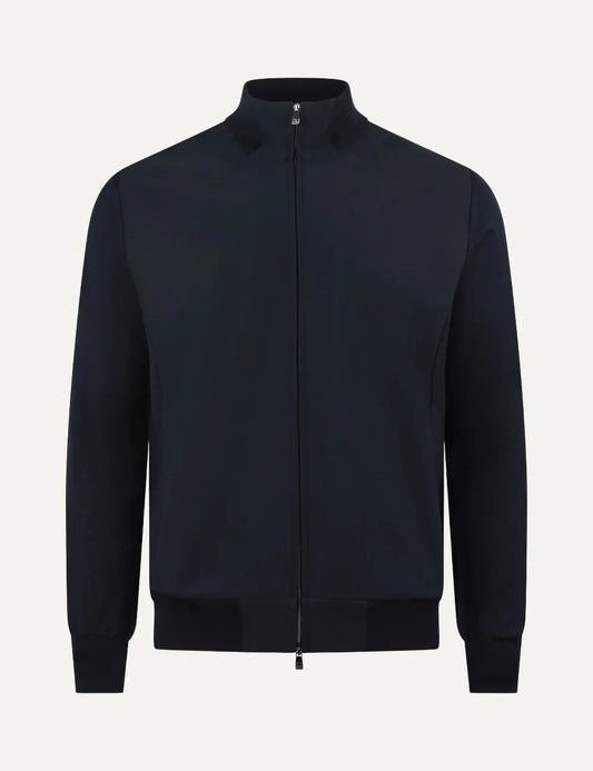 Corneliani men's navy blue slim fit hybrid jacket with quilted front, knitted sleeves, stand collar and zip fastening.