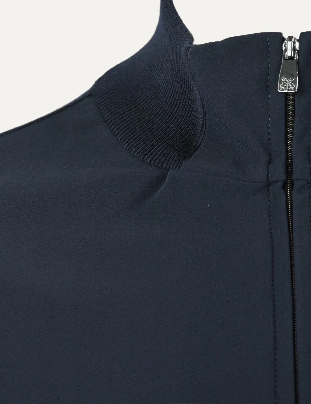 Corneliani men's navy blue slim fit hybrid jacket with quilted front, knitted sleeves, stand collar and zip fastening detail
