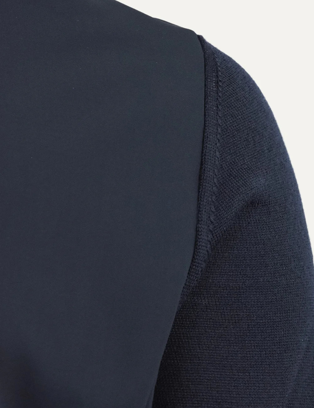 Corneliani men's navy blue slim fit hybrid jacket with quilted front, knitted sleeves, stand collar and zip fastening detail