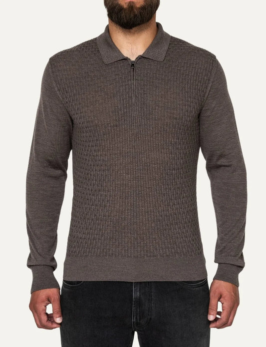 Corneliani men's taupe grey wool knit polo sweater with textured front, long sleeves and half-zip collar.
