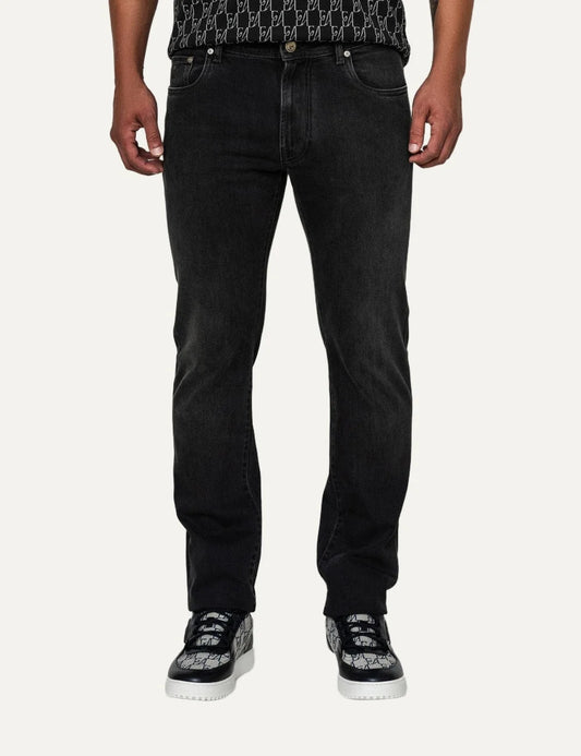 Corneliani men's washed black regular fit jeans with straight legs, five-pocket design and subtle faded finish.