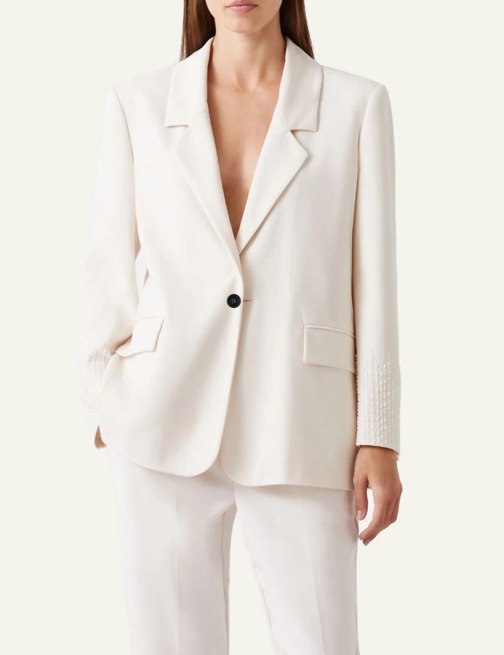 Cream Blazer With Embellished Sleeve Detail Front 