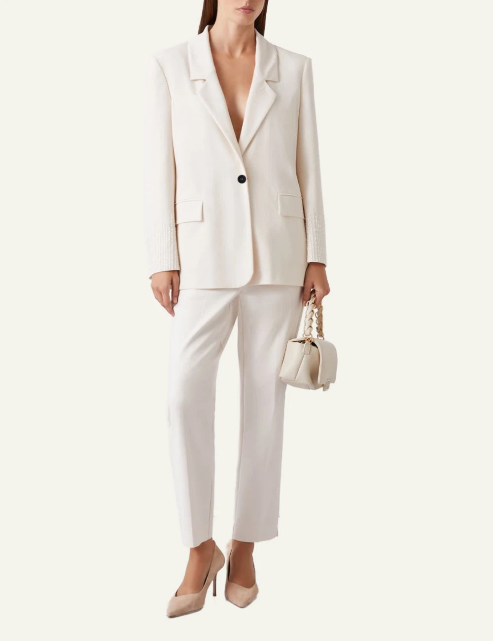 Cream Blazer With Embellished Sleeve Detail Front full body