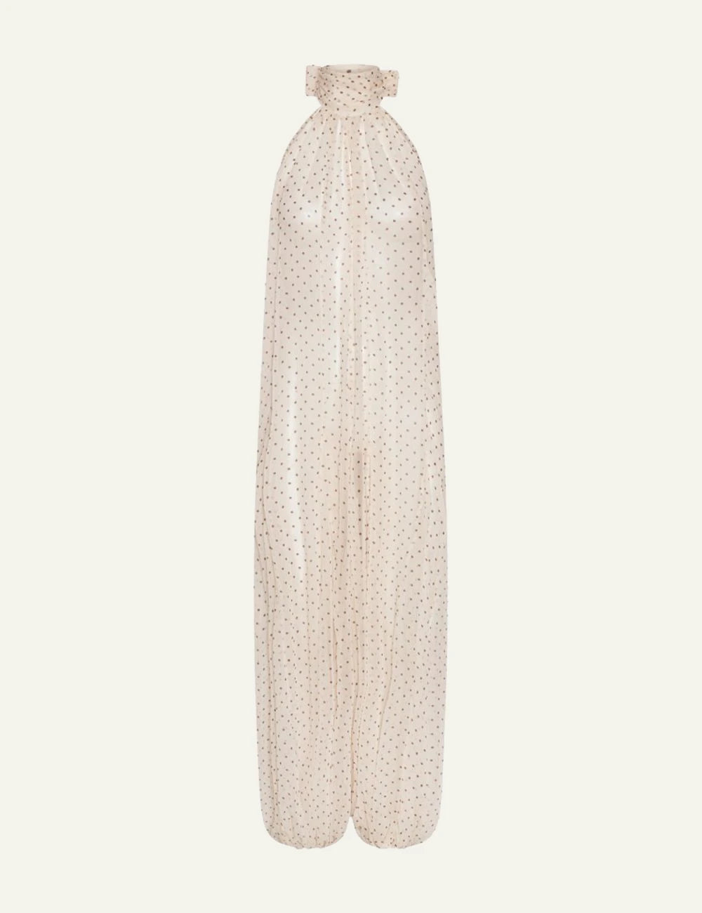 Cream chiffon balloon jumpsuit with halter neckline and polka dot print front flat view