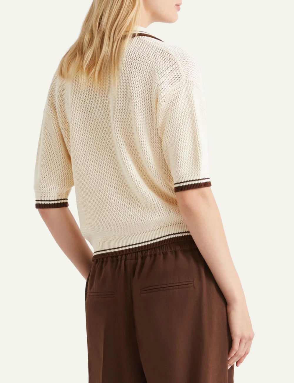 Cream Short Sleeve Knit Polo Top With Contrast Trim back