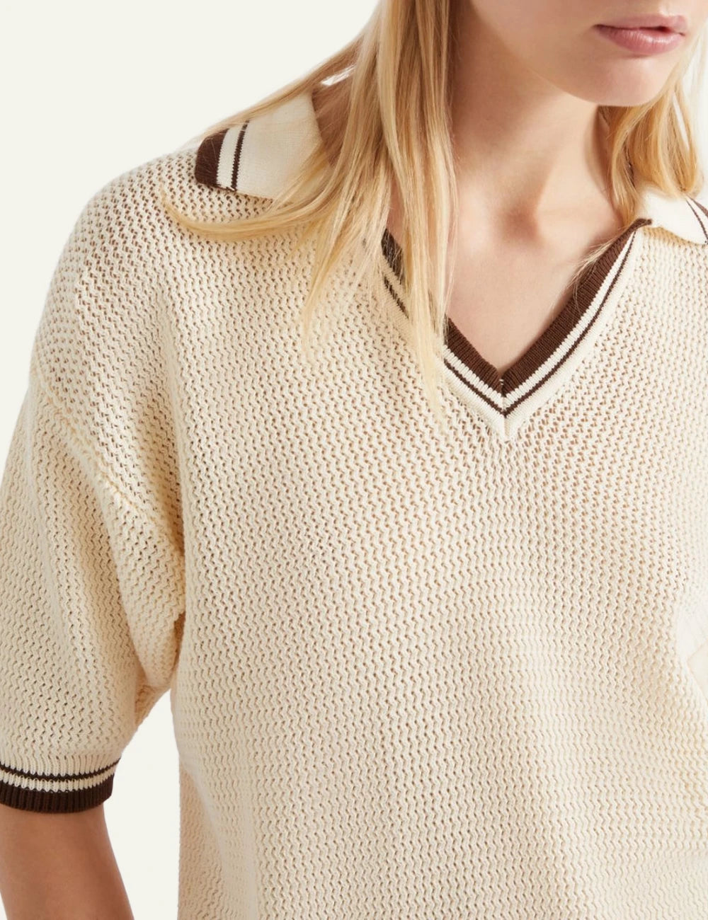 Cream Short Sleeve Knit Polo Top With Contrast Trim detail collar