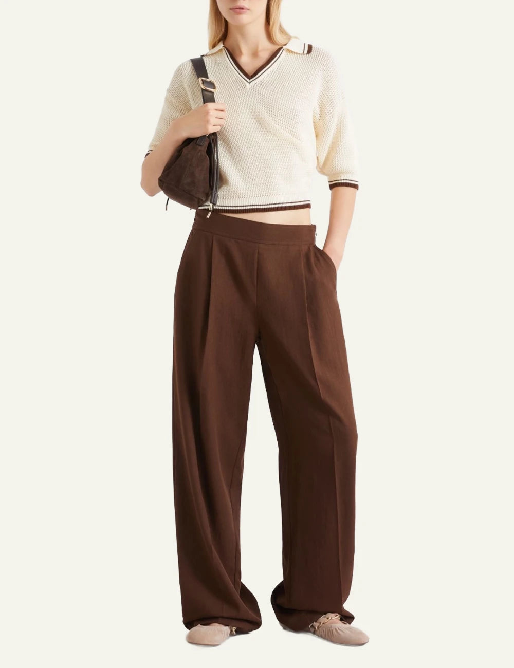 Cream Short Sleeve Knit Polo Top With Contrast Trim Front full body