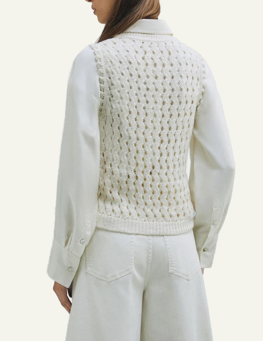 Cream Sleeveless Knit Vest With Openwork Pattern back