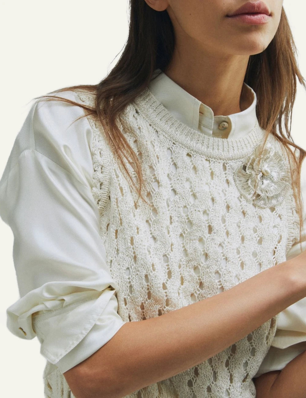 Cream Sleeveless Knit Vest With Openwork Pattern detail