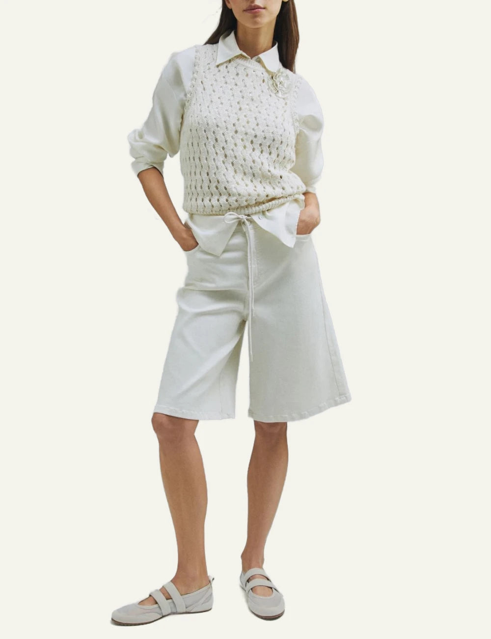 Cream Sleeveless Knit Vest With Openwork Pattern full body