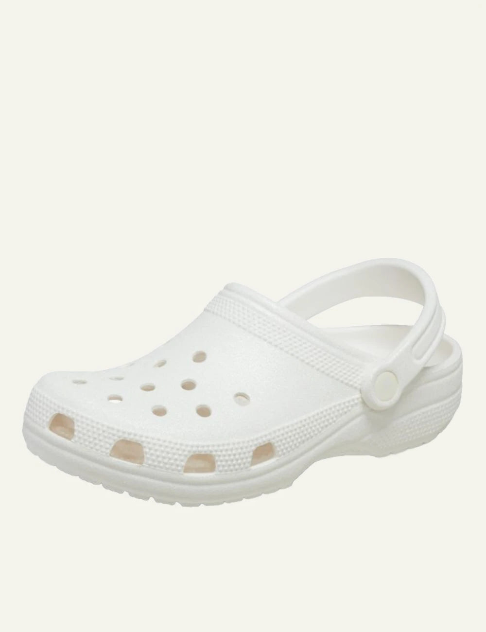 crocs classic clog glitter white lightweight foam angled view