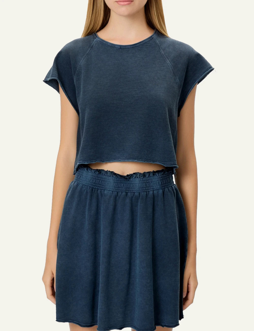 dark blue cropped slub t shirt raglan sleeves casual fit front model view