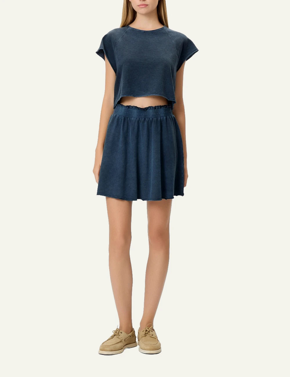 dark blue cropped slub t shirt raglan sleeves casual fit front full body view