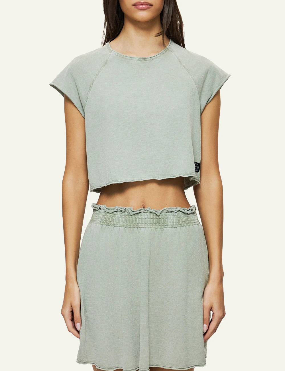 light green cropped slub t shirt raglan sleeves casual fit front model view