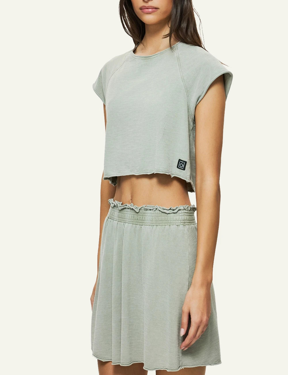light green cropped slub t shirt raglan sleeves casual fit side model view