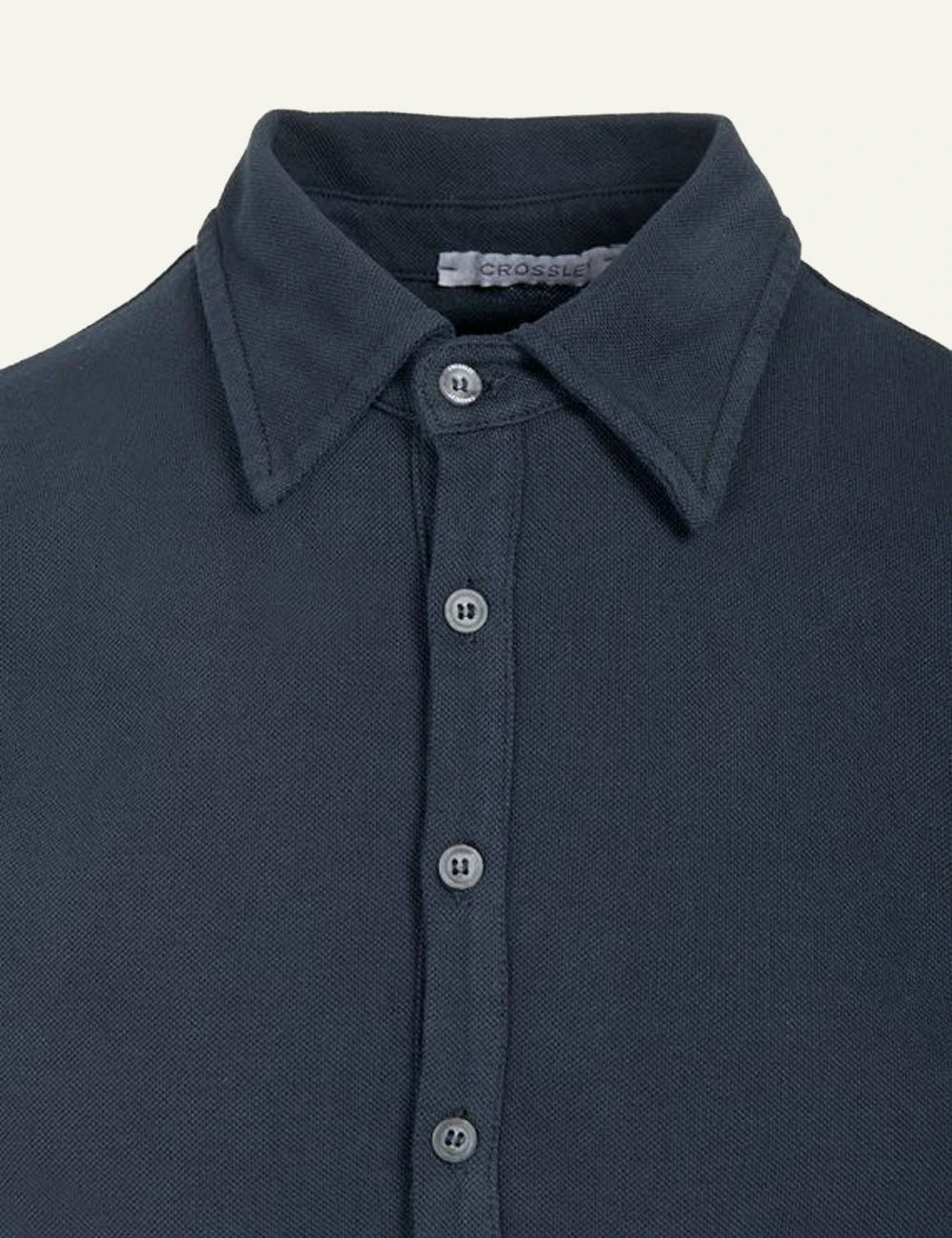 Crossley Frim polo shirt blue cotton short sleeve front detail
