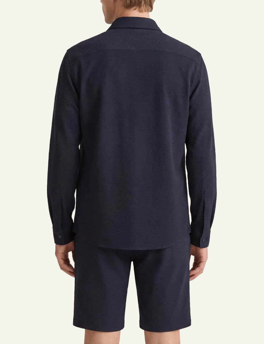 Cruna Osaka navy seersucker overshirt back view