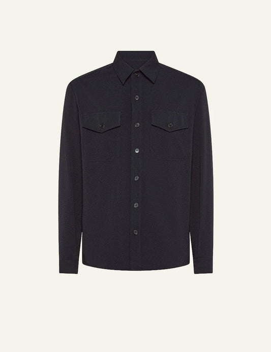 Cruna Osaka navy seersucker overshirt front view