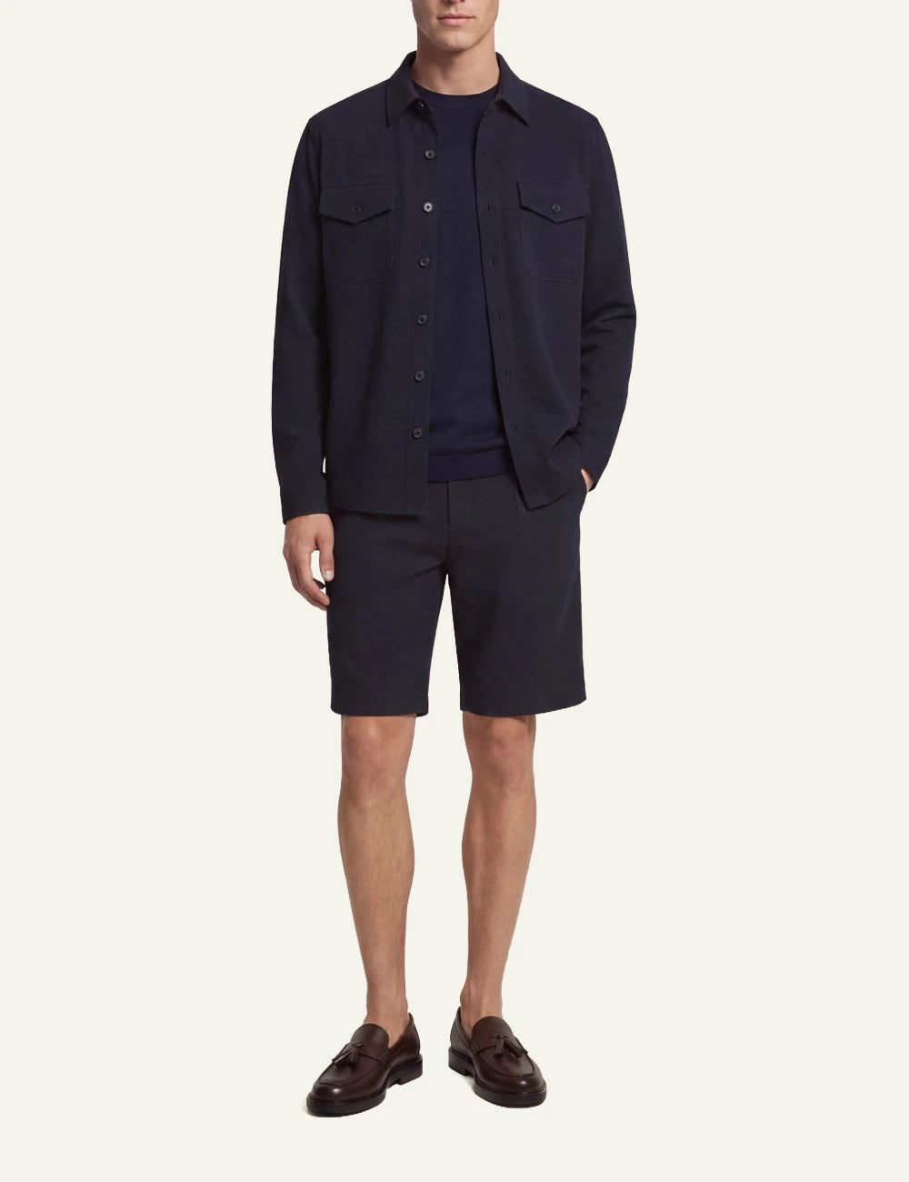 Cruna Osaka navy seersucker overshirt front full body view