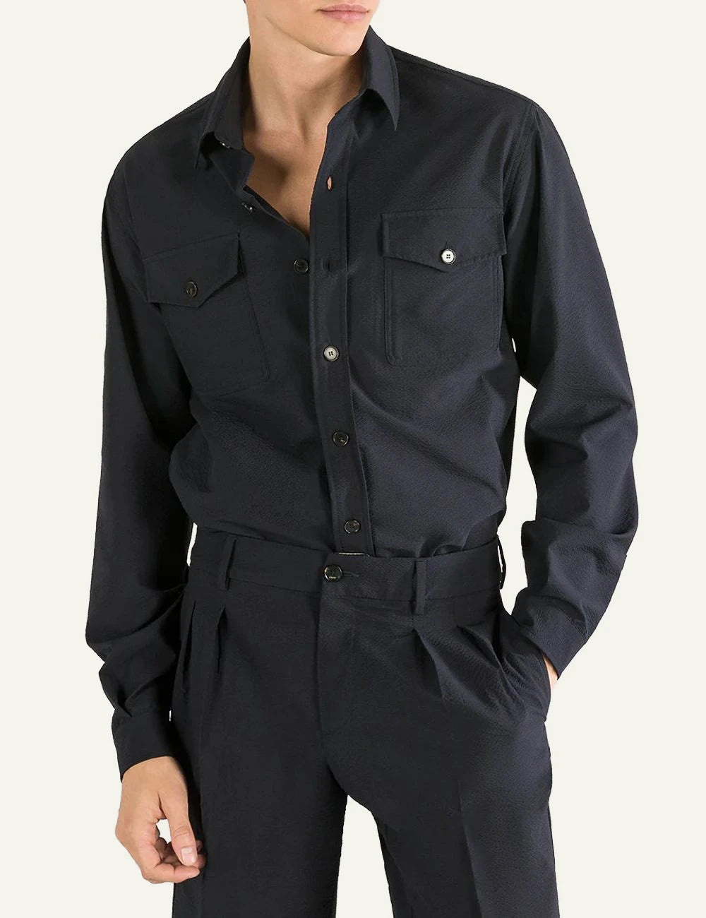 Cruna Osaka navy seersucker overshirt front model view