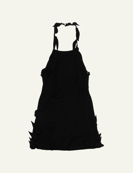 Cult Gaia black halterneck mini dress 3D floral appliques leaf detail front flat view