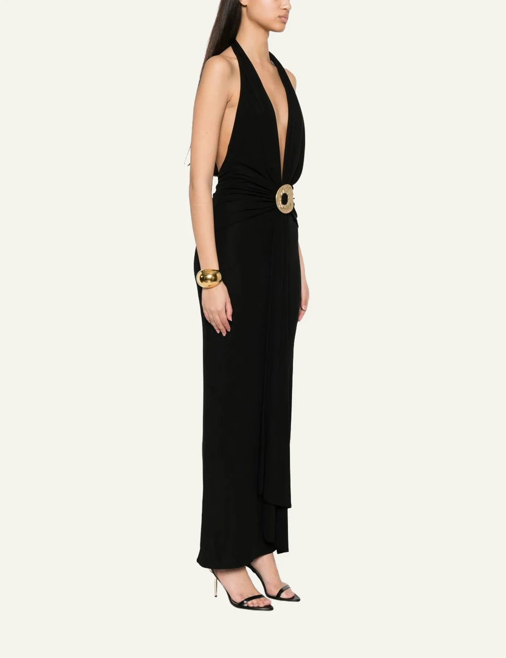 Cult Gaia Chii dress black halterneck gold detail side view