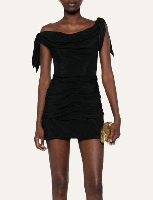 Cult Gaia Deanna black mini dress with draped cowl neckline, bow shoulder straps, fitted corset bodice and ruched skirt front view