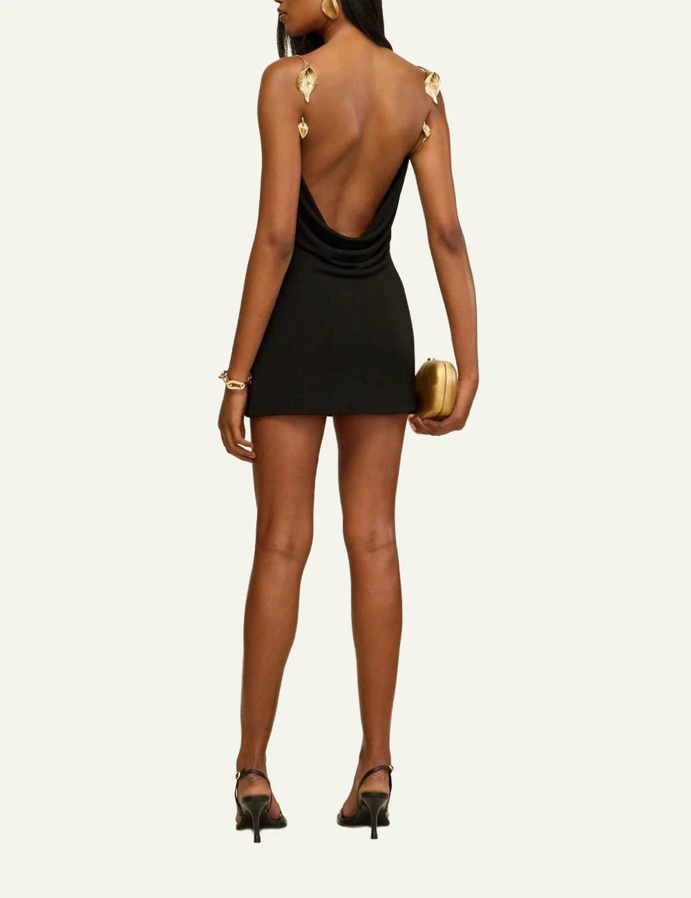 Cult Gaia mini dress black ruched flower detail back view