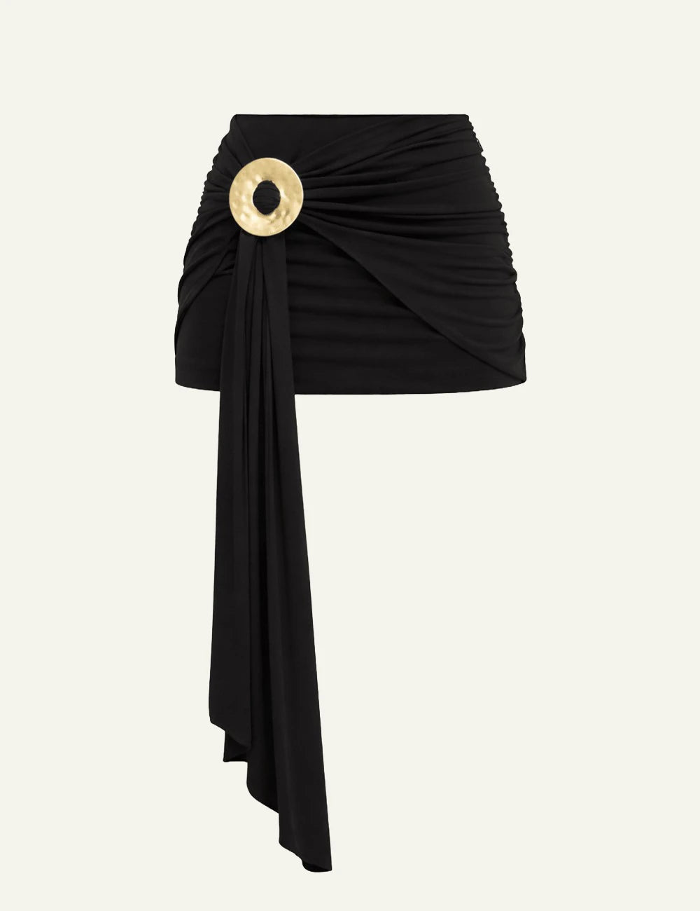 Cult Gaia mini skirt black draped gold detail front flat view