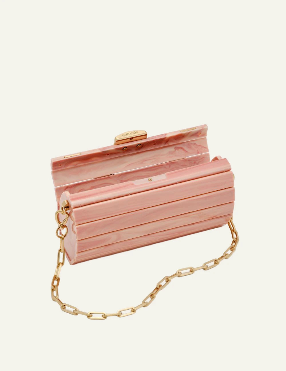 Cult Gaia pink acrylic clutch open top view with gold chain
