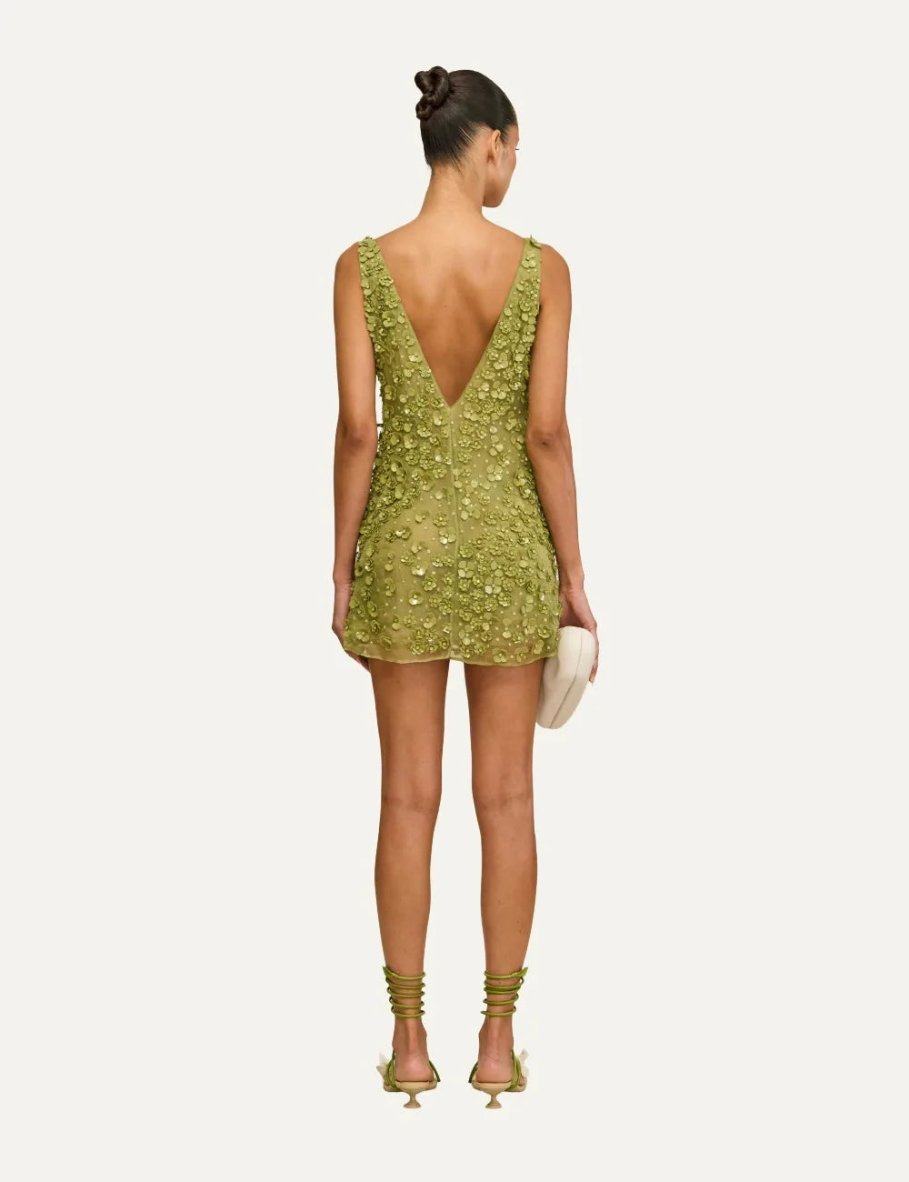 Cult Gaia Sapphira mini dress olive green deep V back view
