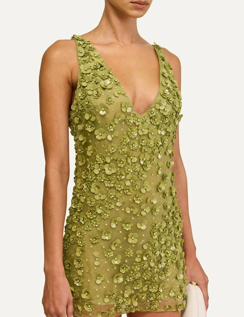 Cult Gaia Sapphira mini dress olive green sheer floral detail close up
