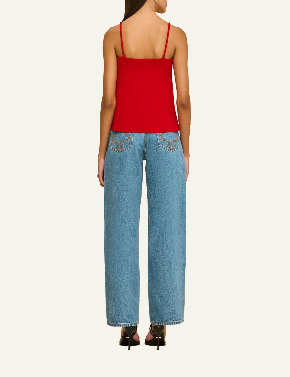 Cult Gaia top red spaghetti straps bow front slit detail back model view