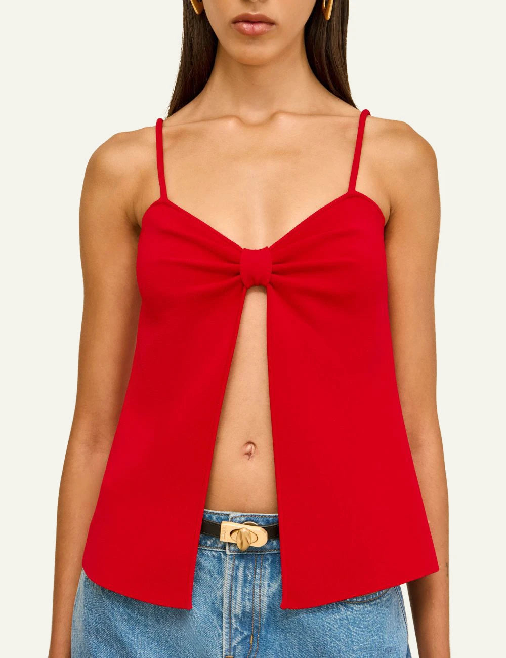 Cult Gaia top red spaghetti straps bow front slit detail front full body view