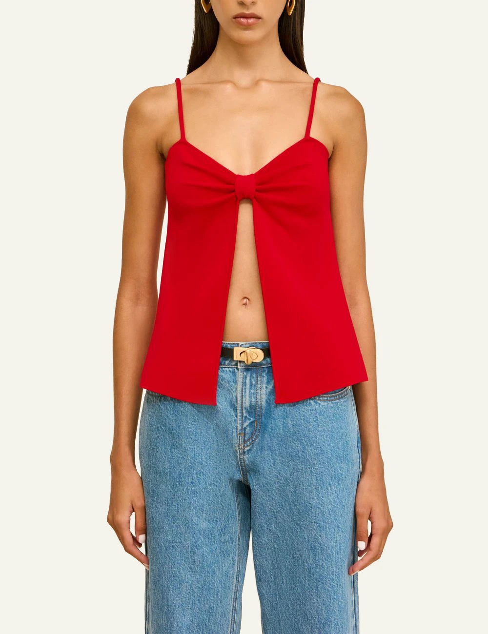 Cult Gaia top red spaghetti straps bow front slit detail front model view