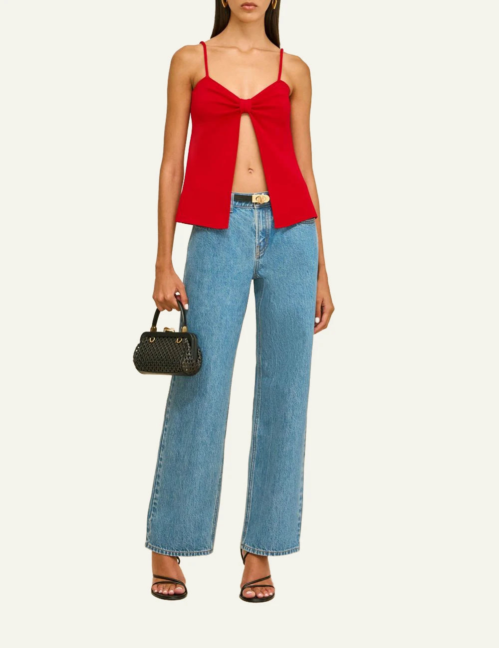 Cult Gaia top red spaghetti straps bow front slit detail front full body model view