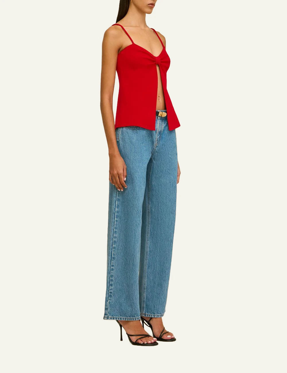 Cult Gaia top red spaghetti straps bow front slit detail side model view