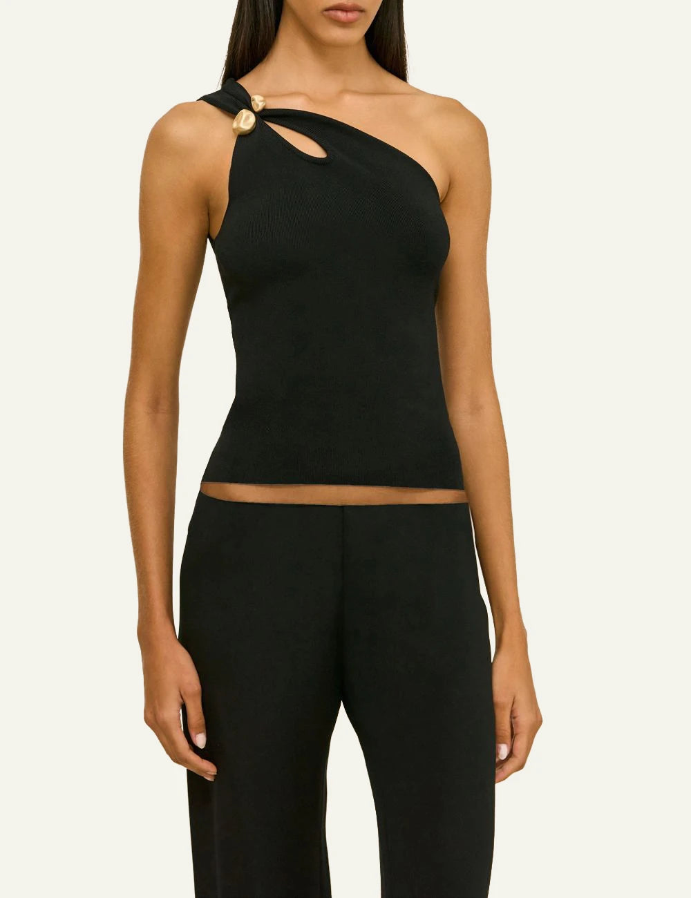 Women's Cult Gaia Anouk black one shoulder knit top with gold-tone hardware