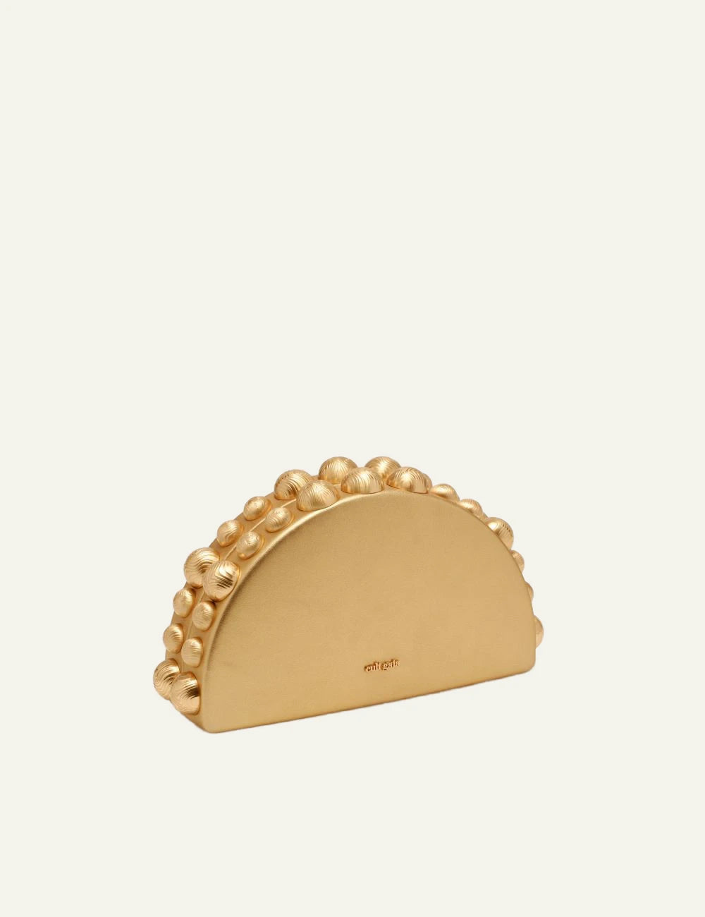 Women's Cult Gaia Gili gold metallic leather crescent clutch with spherical brass hardware side